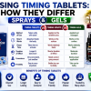 Comparison infographic showing timing tablets, timing sprays, and timing gels with differences in usage, convenience, portability, and application methods.